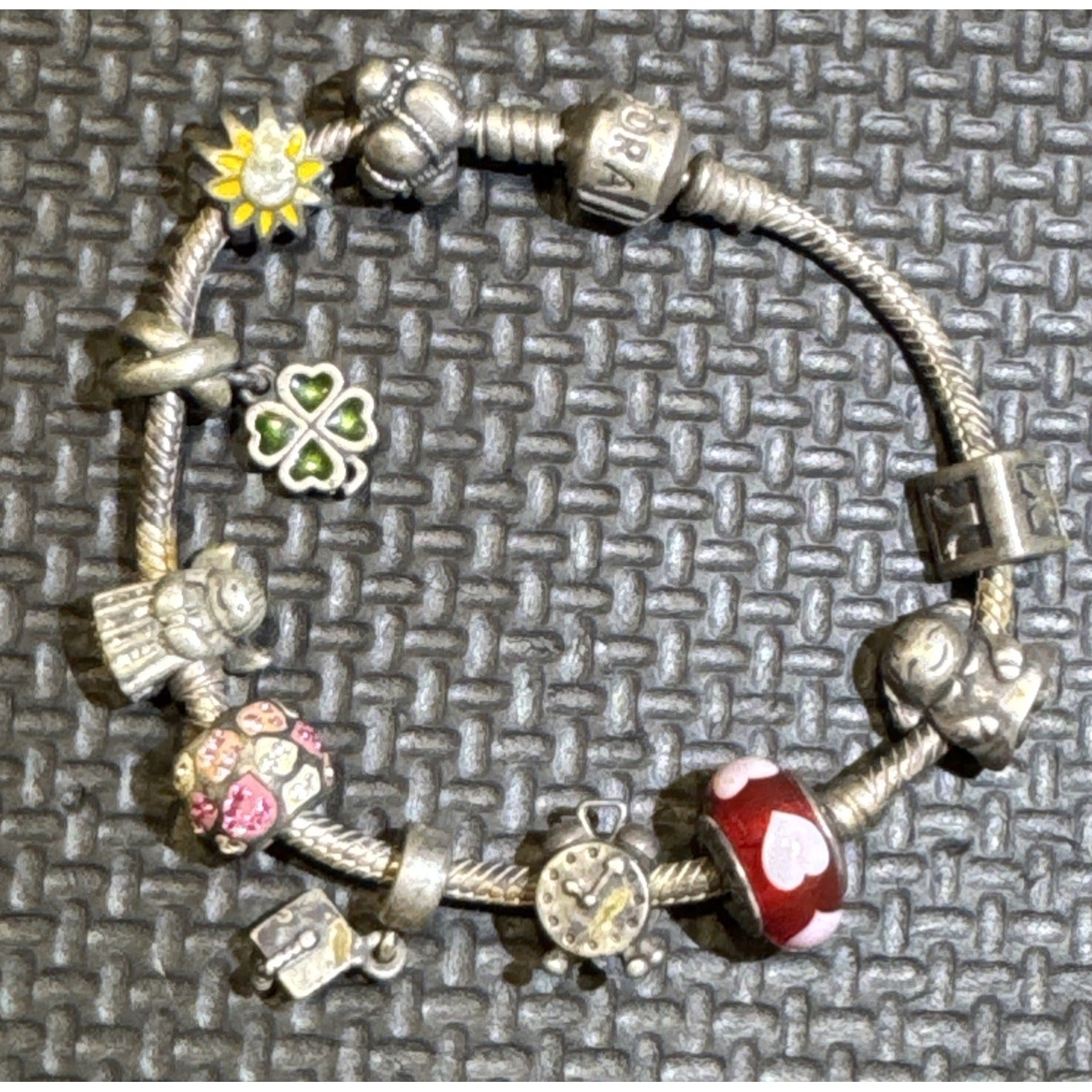 Vintage Pandora 925 Ale 7" Bracelet, Barrel Clasp, 10 Charms, 46 Grams Htf